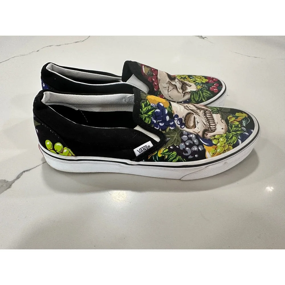 Vans Classic Slip-On Skull Fruit Still Life Graphic Shoes Mens 7.5 Black Multi